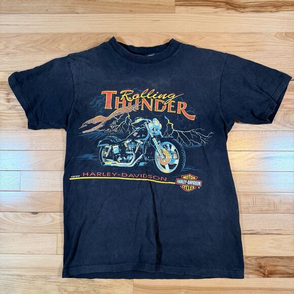 VTG HARLEY DAVIDSON MOTORCYCLES ROLLING THUNDER Medium Shirt 90s BIKER LIGHTNING - Picture 1 of 4